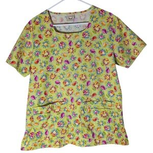 Cottonality Scrub Top Flowers Bugs Green Multicolor Nurse  Pockets Womens‎ XL